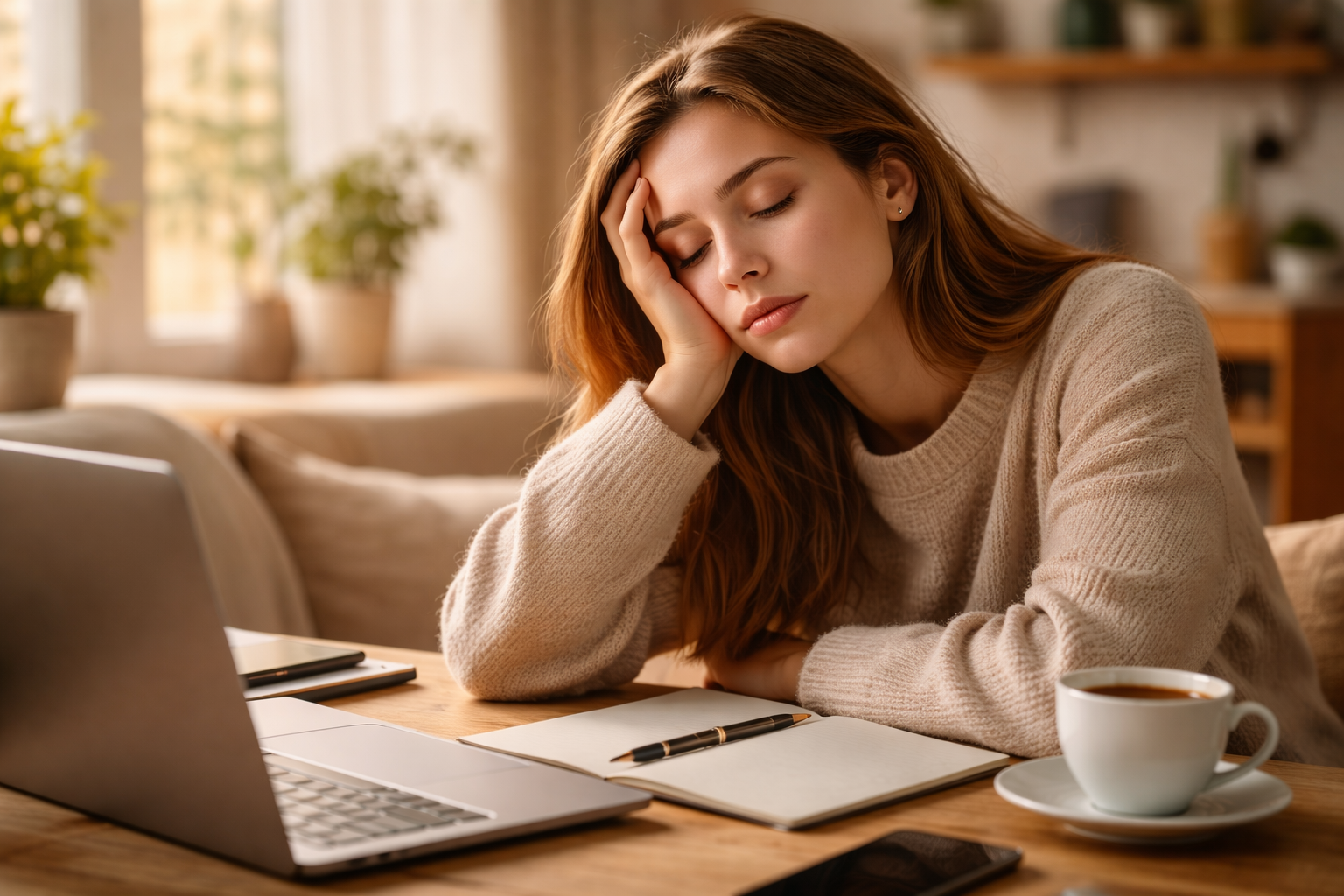 kobieta zmęczona pracą przy komputerze – codzienne decyzje i brak energii